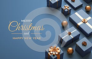 Elegant Christmas background with blue gifts, balls and text. Merry Xmas and happy new year type for greeting card or banner in 3D