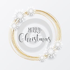 Elegant Christmas background with gold circular frame and snowflakes