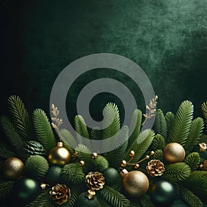 Elegant Christmas Background with Green and Gold Decorations, AI Generated