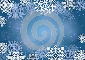 Elegant Christmas background with many snowflakes and place for text in the center. Blue Vector Illustration.