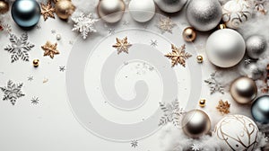 Elegant Christmas Border with White and Silver Ornaments, Snowflakes, and Festive Decorations on a Blank Snowy Background for