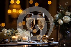 Elegant Christmas Celebration. Stylishly Decorated Table with Two Champagne Glasses