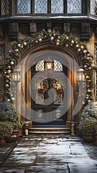 Elegant Christmas Decorated Front Door and Porch of A House on A Winter Evening
