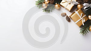 Elegant Christmas Decorations and Gifts on White Background. Generative ai