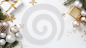 Elegant Christmas Decorations and Gifts on White Background. Generative ai