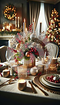 Elegant Christmas Dinner Table Setting, AI Generated