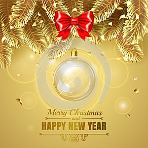 Elegant Christmas gold illustration with glass christmass ball. Elegant vector background with fir-tree branches. Happy photo