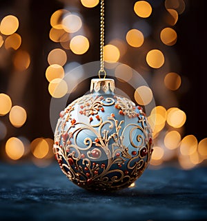 Elegant Christmas ornament ball on blue velvet background. Bokeh lights, minimal holiday concept. Close up