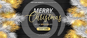 elegant christmas sale banner with white golden leaves