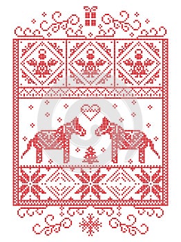 Elegant Christmas Scandinavian, Nordic style winter cross stitch pattern including snowflake, heart, Dala horse, Christmas tree