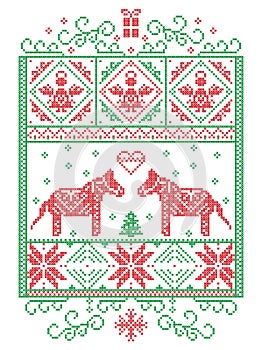 Elegant Christmas Scandinavian, Nordic style winter cross stitch pattern including snowflake, heart, Dala horse, Christmas tree