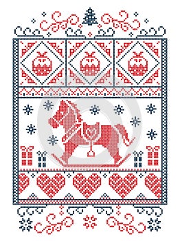 Elegant Christmas Scandinavian, Nordic style winter stitching, pattern including snowflake, heart, rocking horse, Christmas tree,