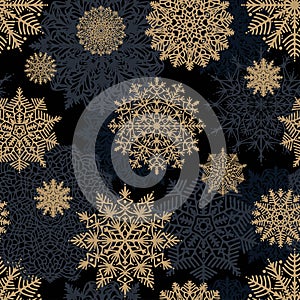 Elegant Christmas seamless pattern with gold snowflakes and black background. Luxury New year background.