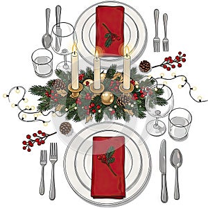 Elegant Christmas Table Setting with Festive Centerpiece and Candles