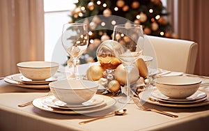 Elegant Christmas table setting with gold and white ornaments and decorations. AI generated