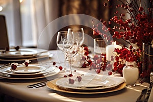 Elegant christmas table setting with red berries and candles. Beautiful decorated table at restaurant. Light background, AI