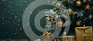 Elegant christmas tree adorned with golden baubles and gifts on festive green backdrop