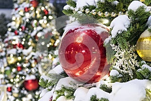 elegant Christmas tree decorated with red and gold balloons stands in the park on the melted snow on winter . street decor. spruce