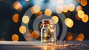 Elegant Christmas tree in glass jar with bokeh lights background, Generative AI