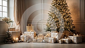 Elegant Christmas tree interior background. Winter holidays idea.