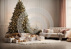 Elegant Christmas tree interior background. Winter holidays idea.