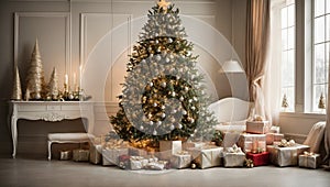 Elegant Christmas tree interior background. Winter holidays idea.