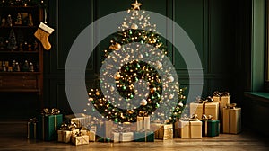 Elegant Christmas Tree with White Lights and Green Ornaments. Generative AI photo