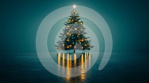 Elegant Christmas Tree with White Lights and Green Ornaments. Generative AI photo