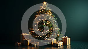 Elegant Christmas Tree with White Lights and Green Ornaments. Generative AI photo