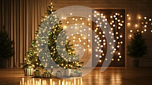 Elegant Christmas Tree with White Lights and Green Ornaments. Generative AI photo