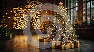 Elegant Christmas Tree with White Lights and Green Ornaments. Generative AI photo