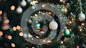 Elegant Christmas Tree with White Lights and Green Ornaments. Generative AI photo