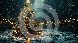 Elegant Christmas Tree with White Lights and Green Ornaments. Generative AI photo