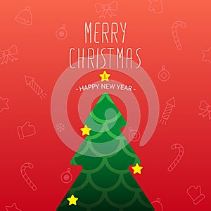 Elegant Christmas tree with yellow stars on a red background with New Year icons. square banner happy new year.