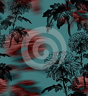 Elegant chrysanthemum seamless pattern with defocused effect. photo