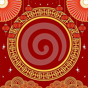 circle frame elegant with sparkle stars, red lantern happy chinese lunar new year vector illustratio