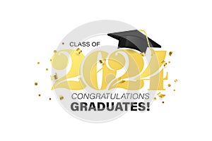 Elegant Class of 2024 Graduation Greeting Card Design. Chic Typography design with Graduation Cap and foiled confetti