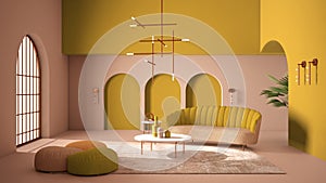 Elegant classic living room with archways and arched window and door. Yellow sofa with poufs, carpet, pendant lamp, coffee tables