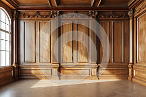 Elegant classic wooden paneling in spacious empty room photo