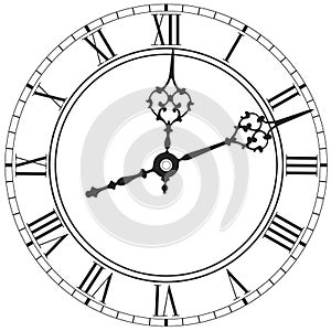 Elegant clock face with roman numerals placed on white background