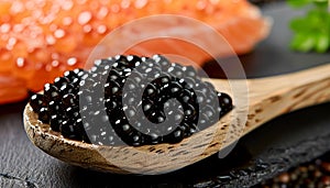 Elegant close up of black caviar spoon scooping delicacy, perfect for text placement