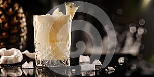 Elegant cocktail on dark bar backdrop, perfect for a classy evening. exotic pineapple garnish, stylish glassware. ideal