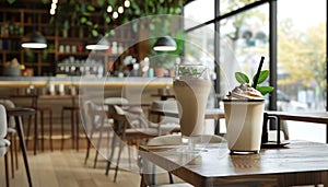 Elegant coffee shop serves refreshing gourmet milkshake on wooden table photo