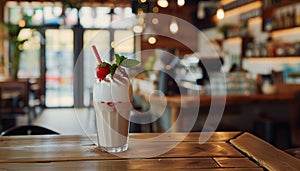 Elegant coffee shop serves refreshing gourmet milkshake on wooden table photo