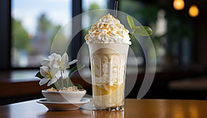 Elegant coffee shop serves refreshing gourmet milkshake on wooden table generated by AI