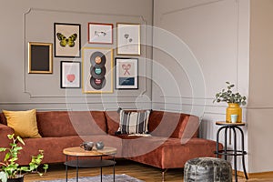 Elegant coffee table in front trendy sofa in living room interior with grey wall