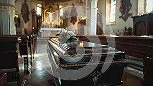 Elegant Coffin in a Serene Church Setting for Funeral Service