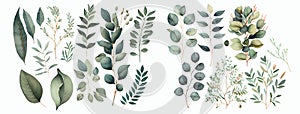 Elegant Collection of Hand-Painted Watercolor Greenery, Featuring Various Types of Leaves photo