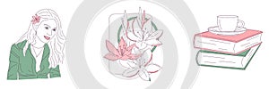 Elegant color line icons - smiling woman face  books and cup of coffee  beautiful lilies. Green and pink pastel colors