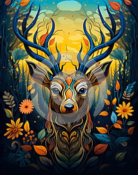 Elegant colorful illustration of a deer in the forest.